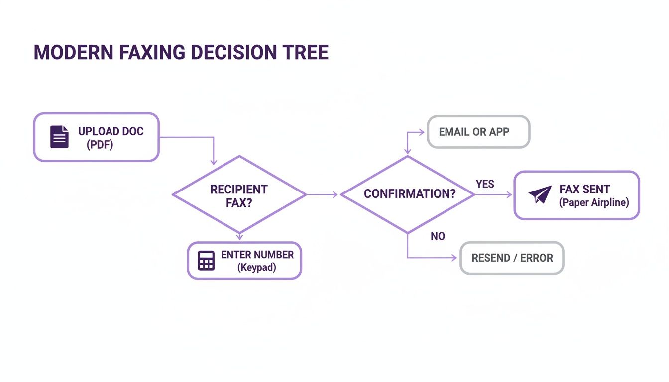Flowchart illustrating a modern faxing decision process from document upload to fax sent.