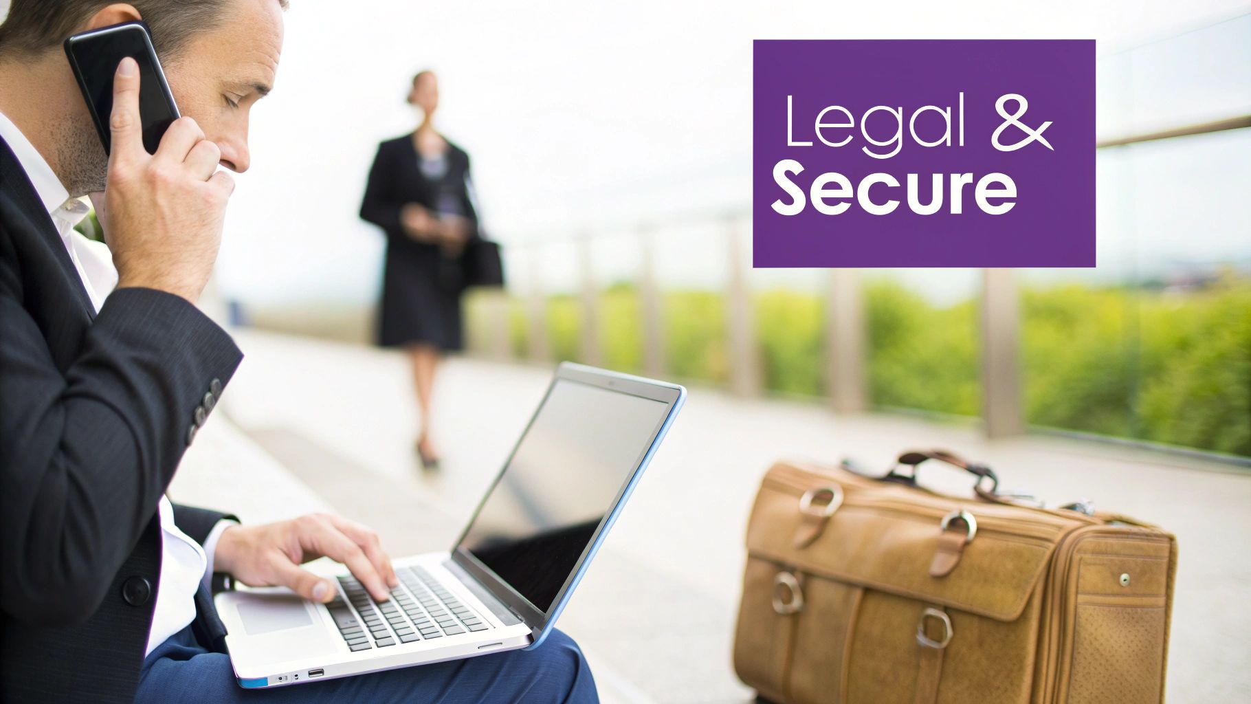 A businessman talks on a cell phone and types on a laptop outdoors, with a briefcase nearby.