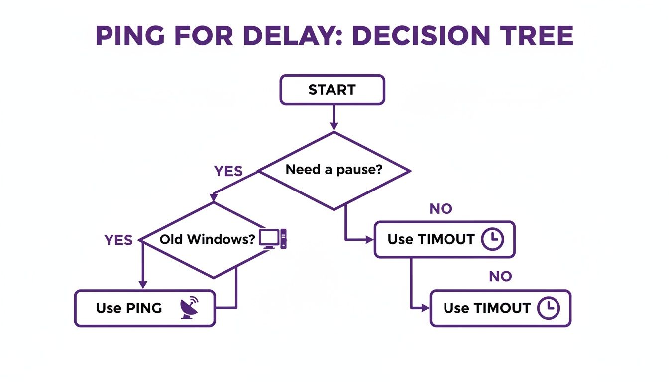 A decision tree flowchart for choosing between PING and TIMEOUT commands for system delays.