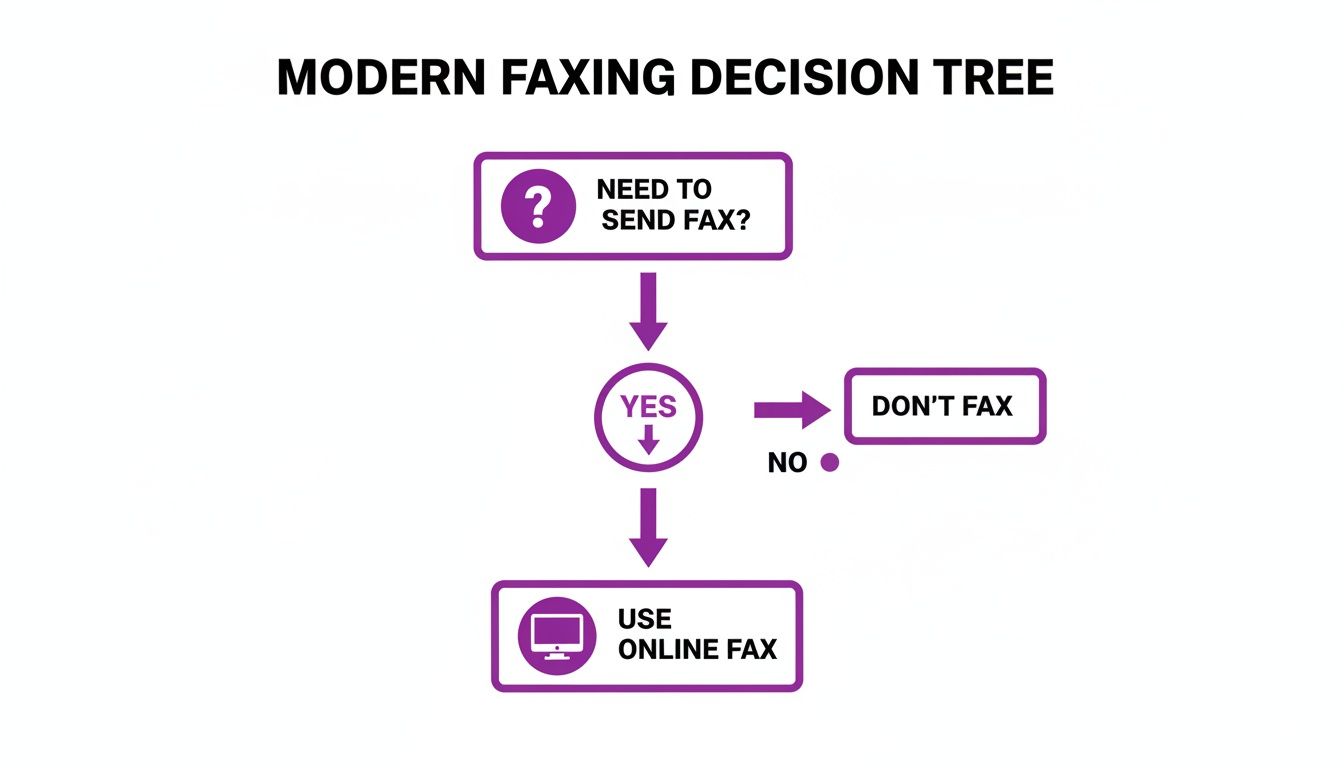 A modern faxing decision tree flowchart guiding users on whether to use online fax.
