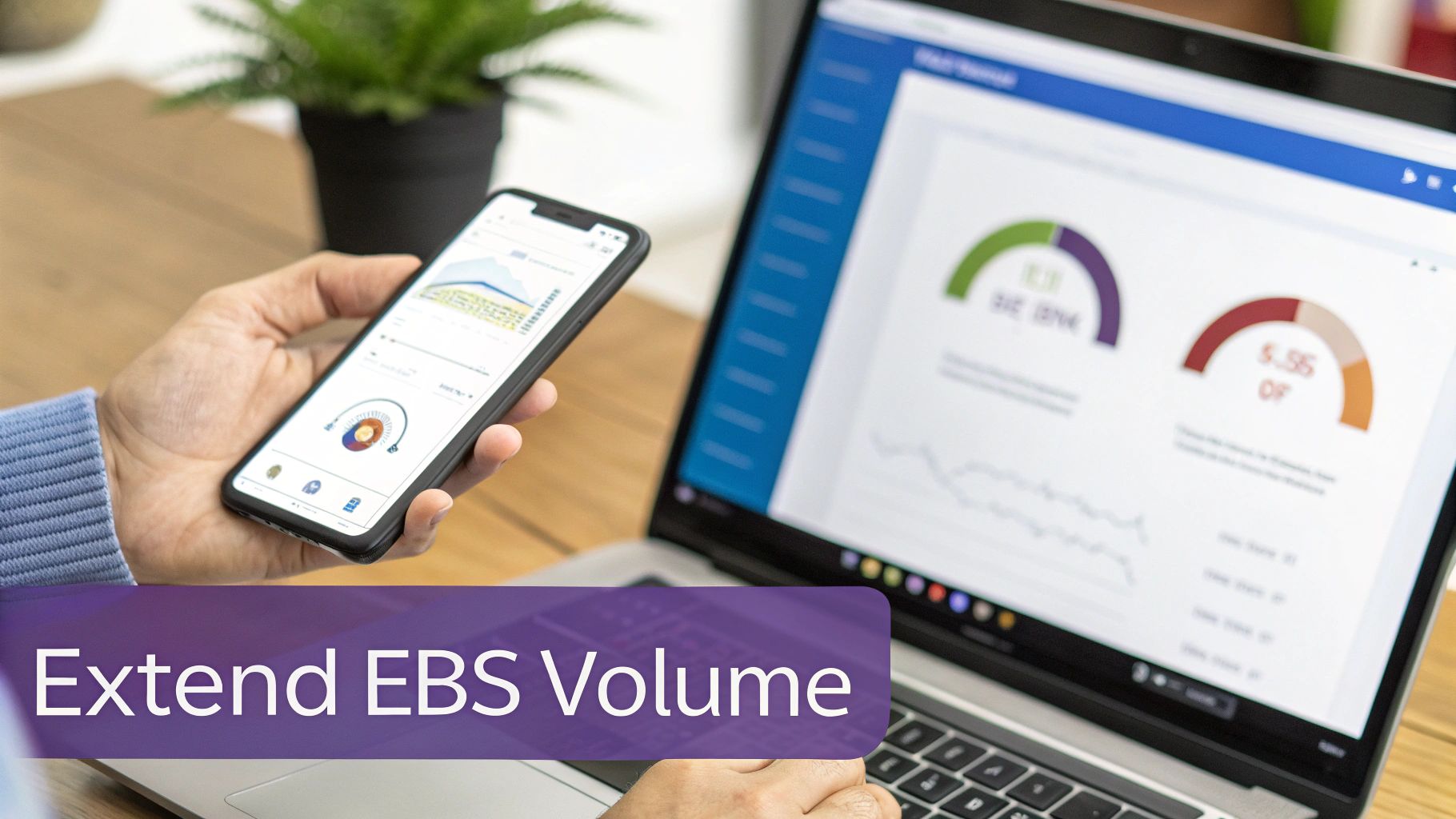 Person holding a smartphone displaying analytics, next to a laptop showing similar data, with 'Extend EBS Volume' text overlay.