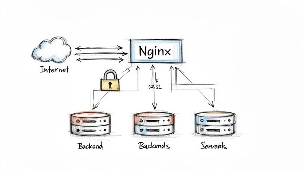 Diagram illustrating a web architecture with Nginx acting as a reverse proxy for multiple backend servers and secure connections.