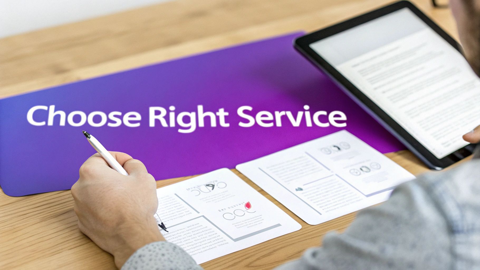 Hand with pen reviewing documents on a desk, with a 'Choose Right Service' mat and tablet.