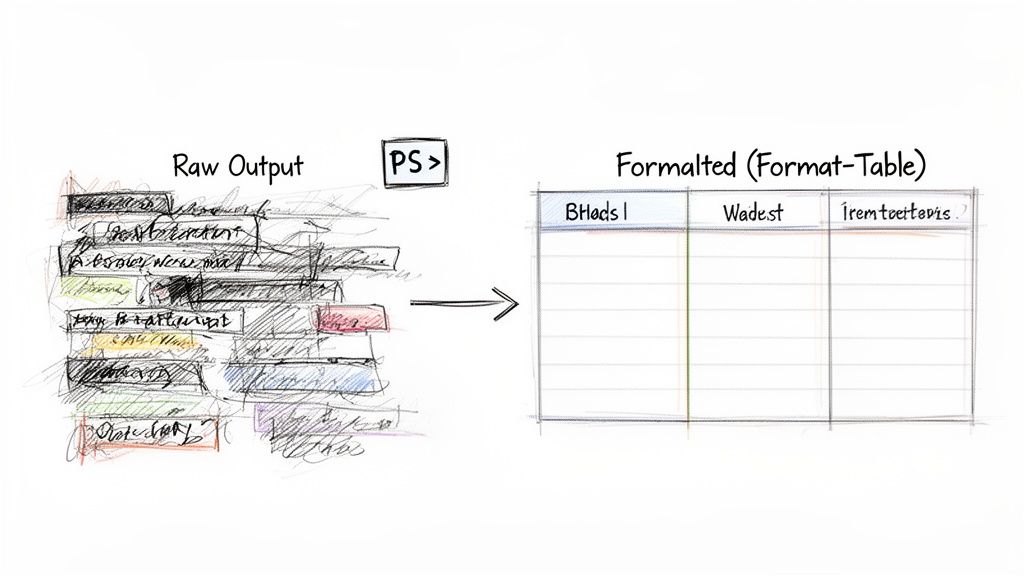 Illustration showing raw, messy output transforming into a structured, formatted table with columns via PowerShell.