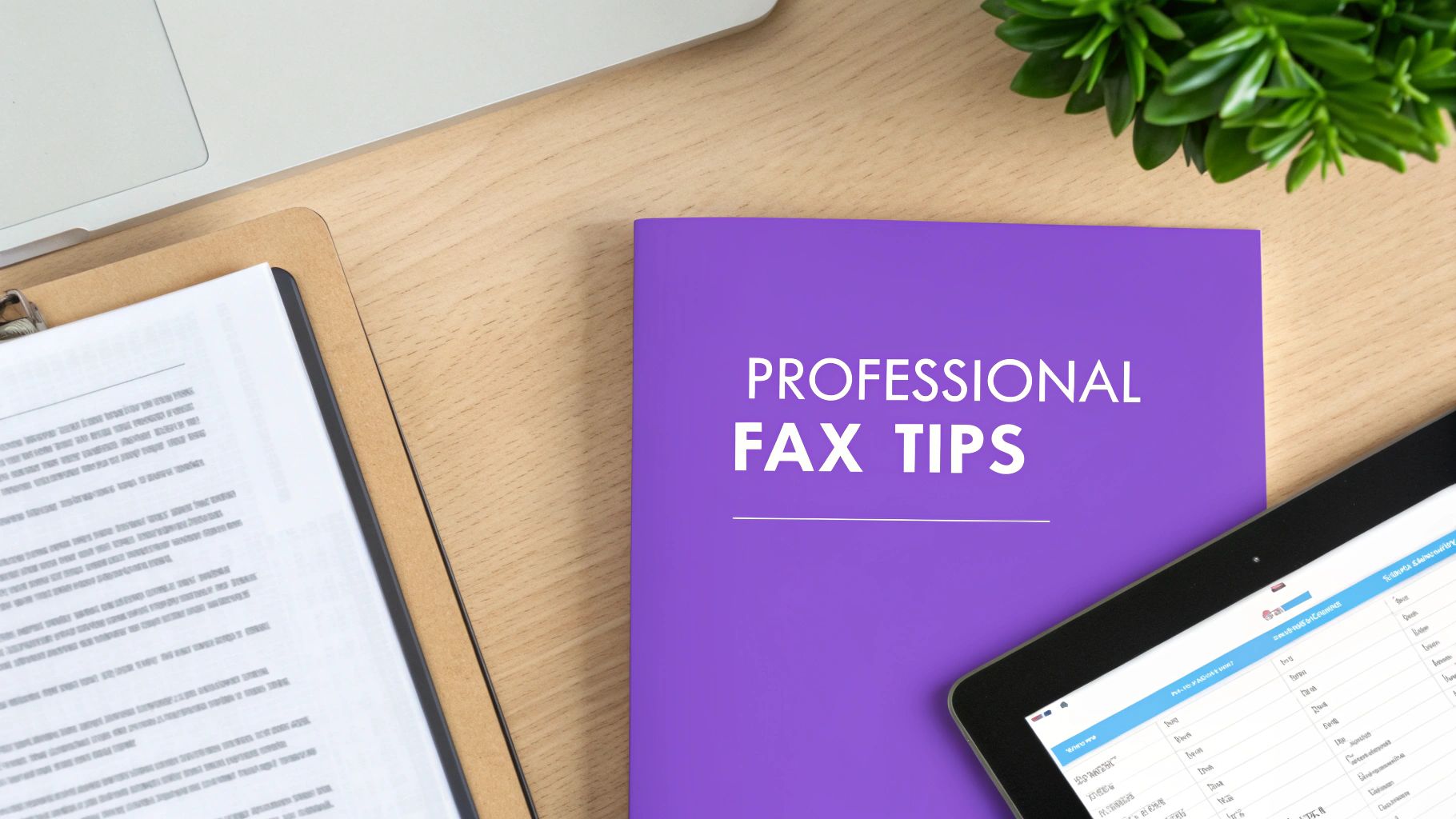 Overhead view of a desk with a 'Professional Fax Tips' book, laptop, tablet, and documents.