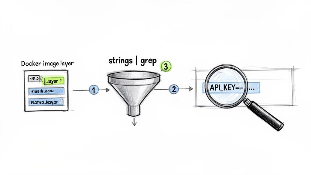 A diagram demonstrating how to find sensitive data like API keys in Docker image layers using strings and grep commands.