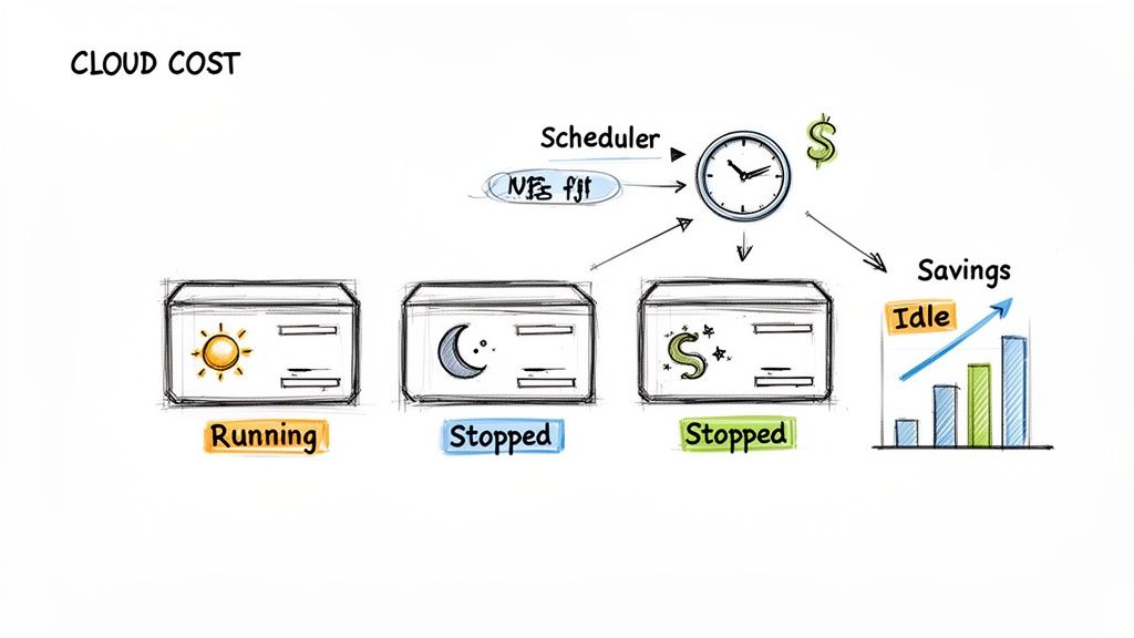 Diagram illustrating cloud cost savings by scheduling server instances to run or stop based ></p>
<p>Application servers, however, are in a different cost league. Commercial options can come with substantial enterprise licensing fees. Even open-source choices like <a href=