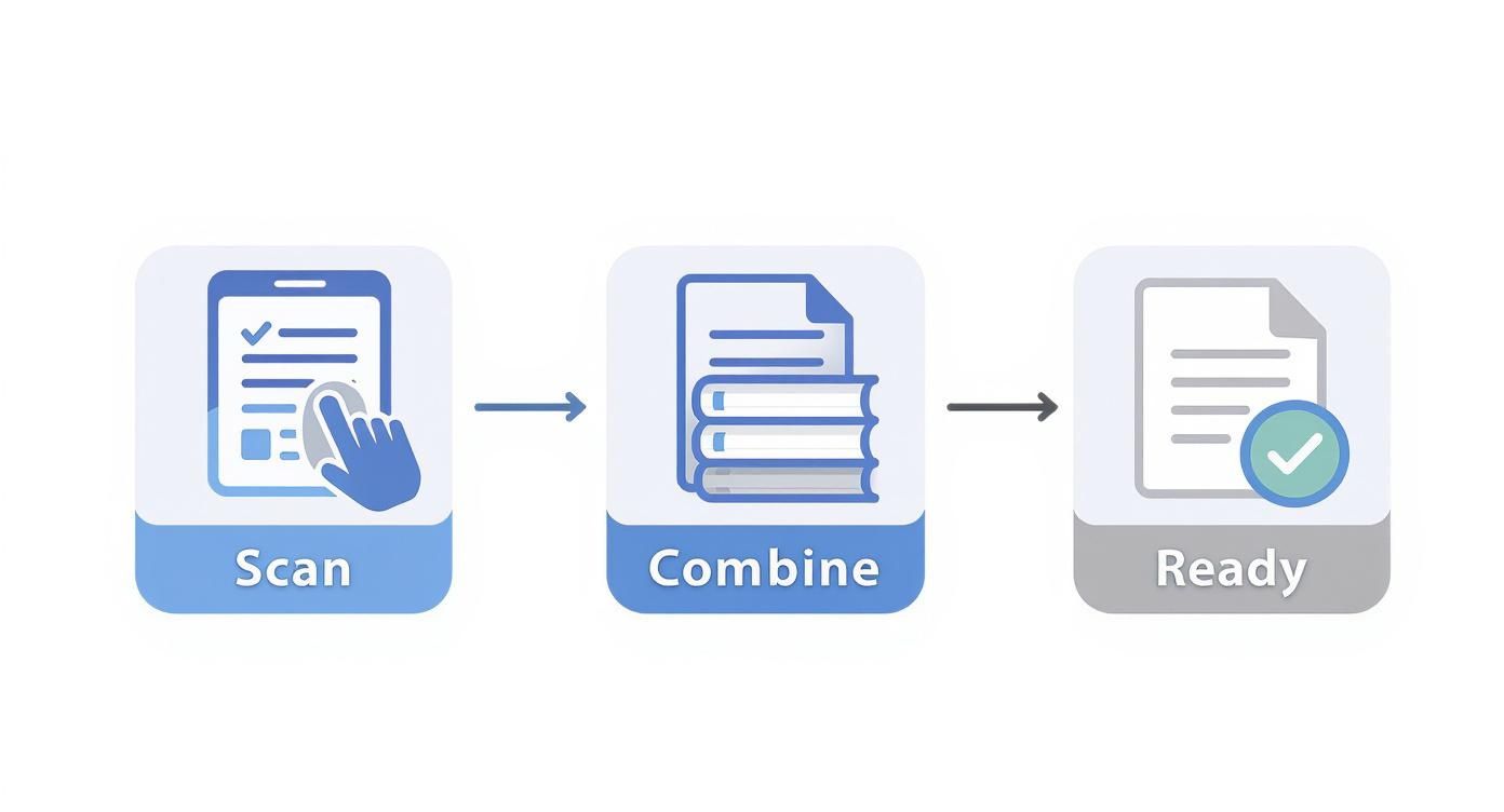 A three-step process shows scanning documents with a phone, combining, and then ready.
