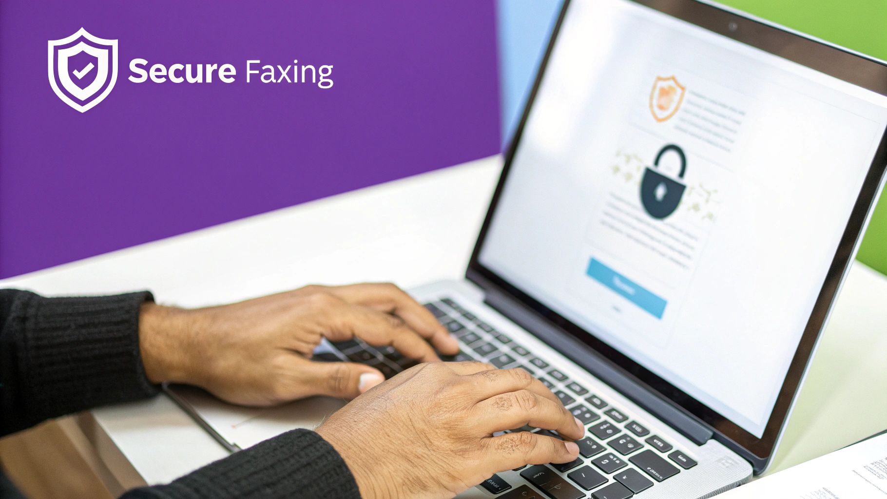 A person types on a laptop displaying security icons, with 'Secure Faxing' text overlaid.