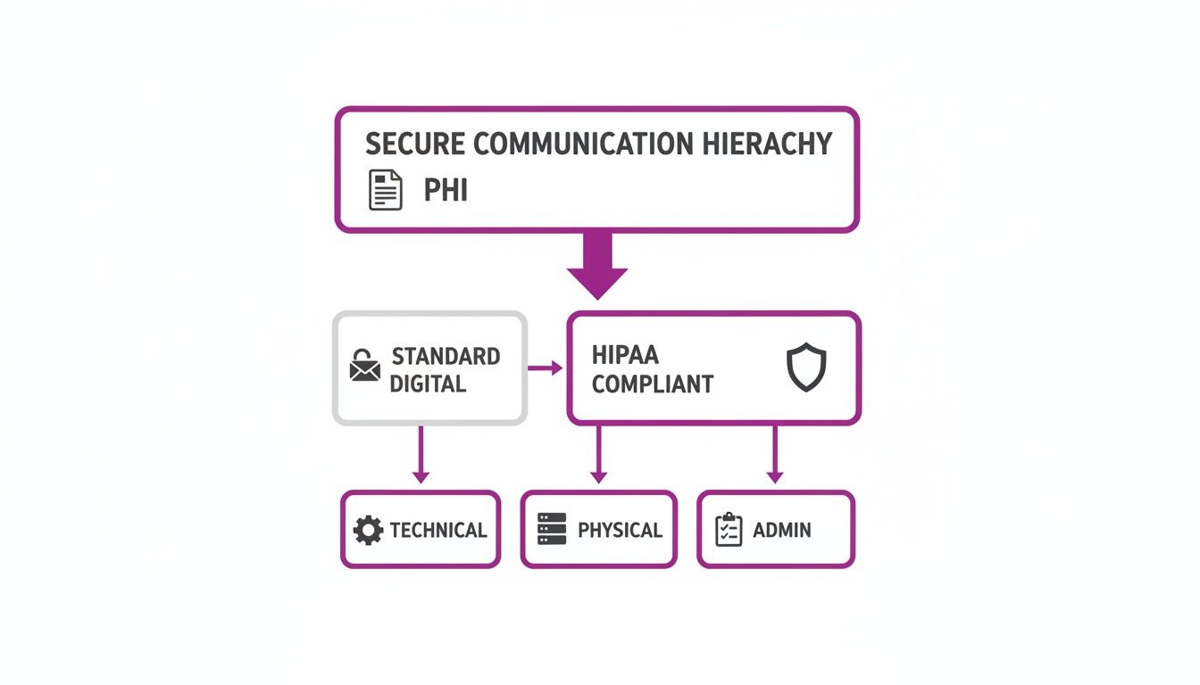 Hierarchy diagram detailing secure communication requirements for PHI, including standard digital, HIPAA compliant, technical, physical, and admin aspects.
