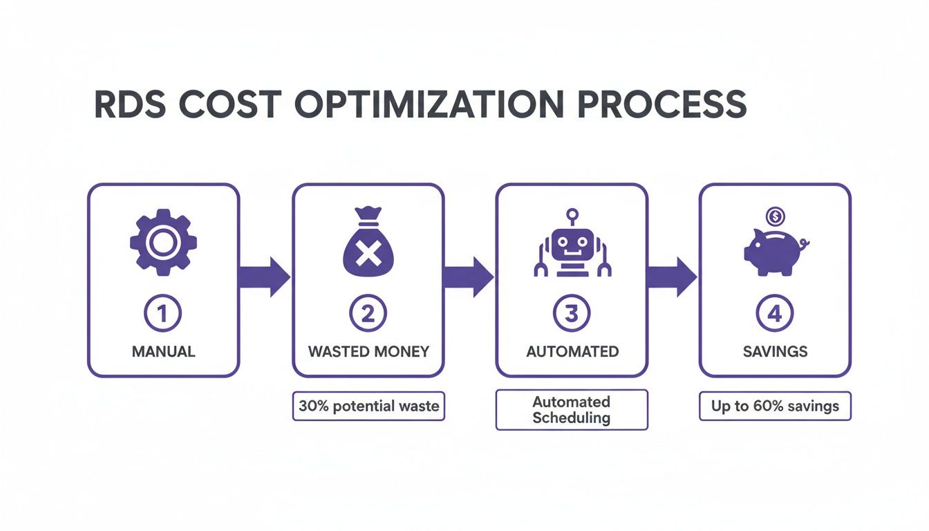 Diagram illustrating the RDS cost optimization process: manual effort, potential waste, automated scheduling, and up to 60% savings.
