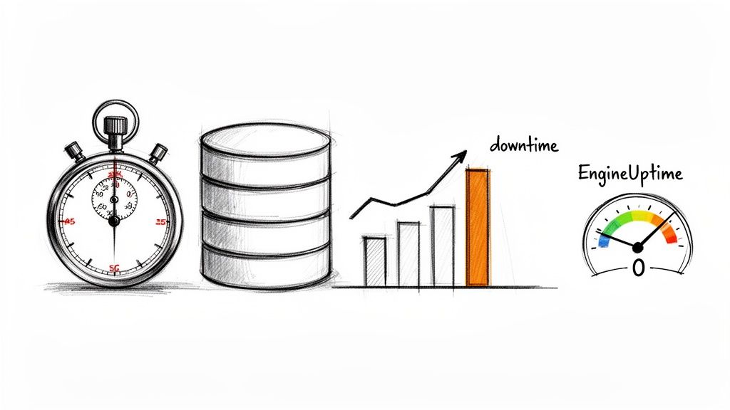 Illustration of system performance metrics including a stopwatch, database, downtime chart, and uptime gauge.