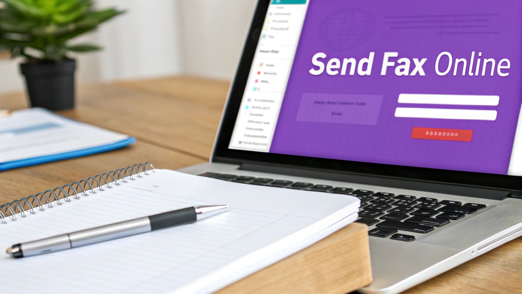 A laptop screen displaying 'Send Fax Online' on a purple background, with a pen and notebook on a wooden desk.