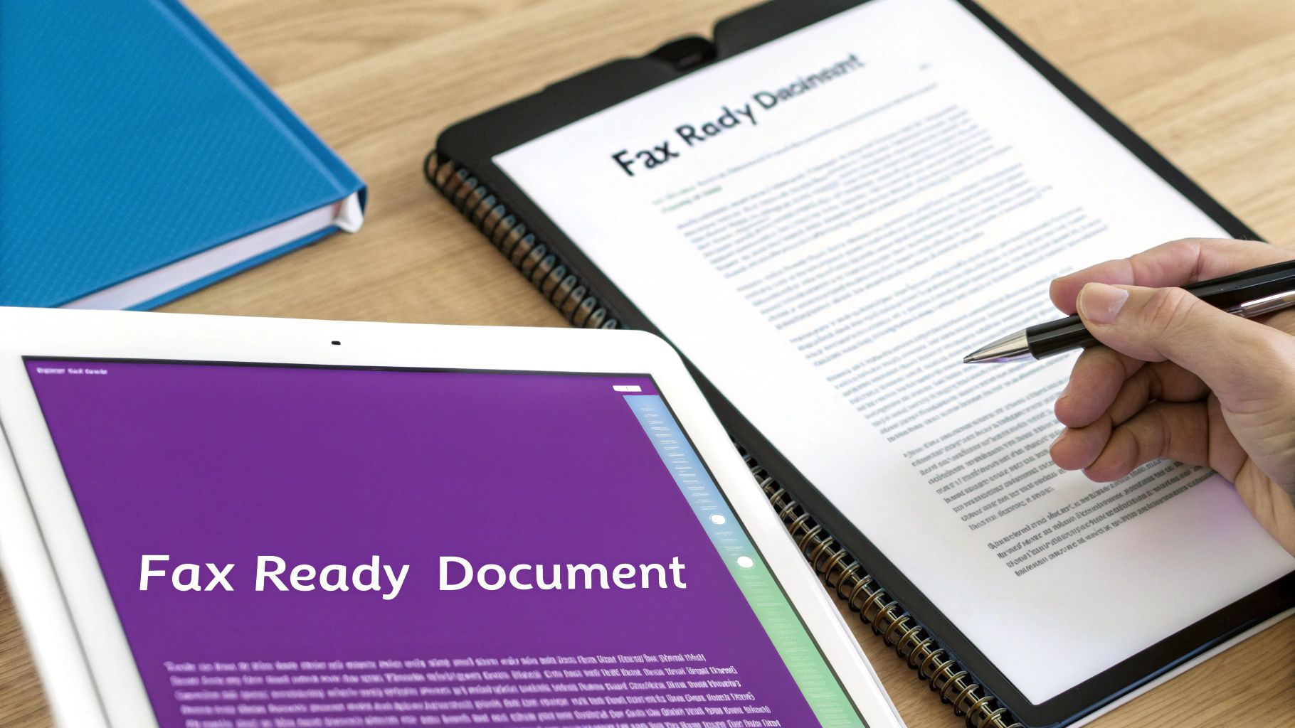 Hand with a pen reviewing a 'Fax Ready Document' on paper and tablet, ready for sending.