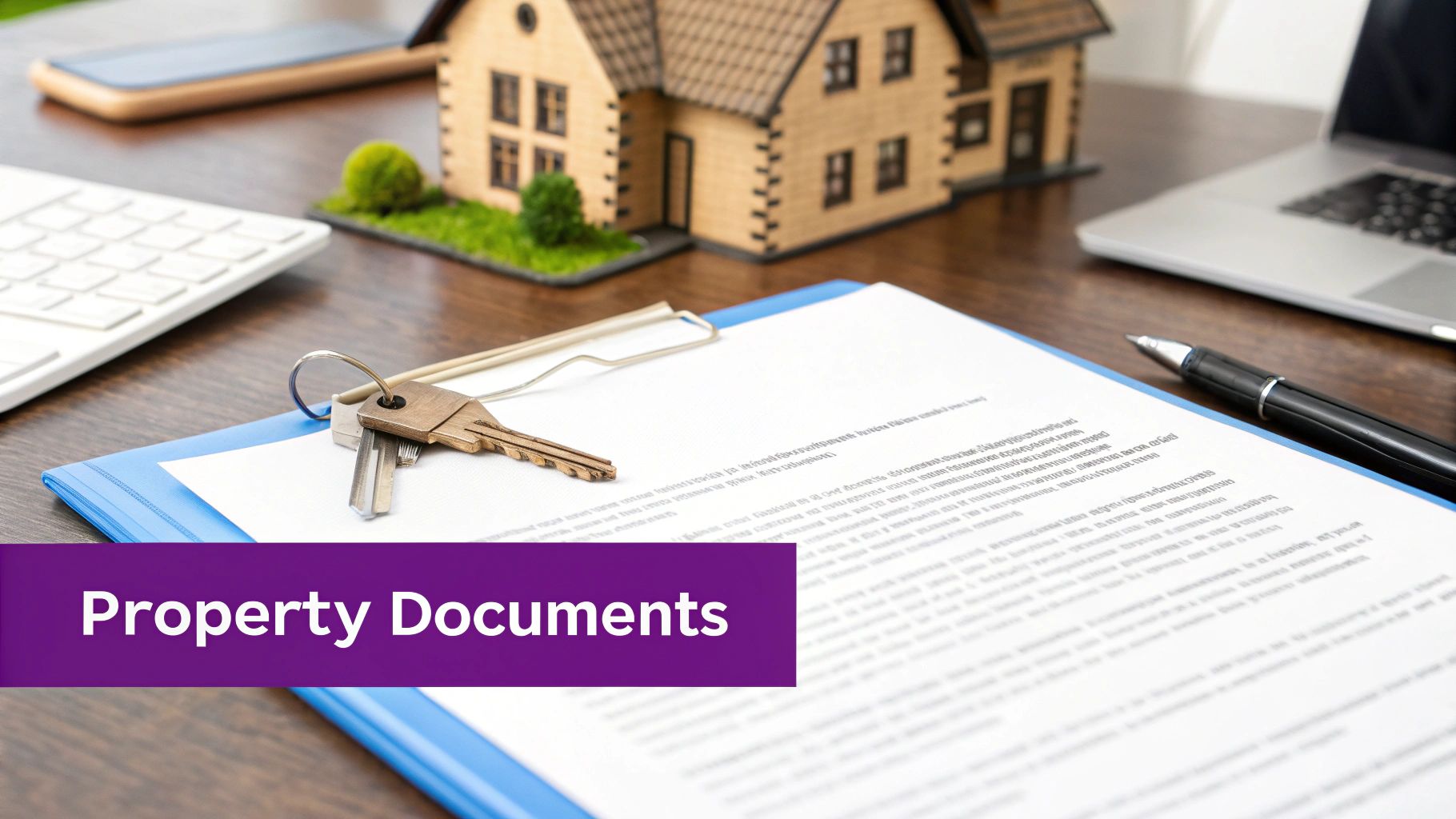 A close-up of a desk showing house keys, property documents, a pen, and a model house.
