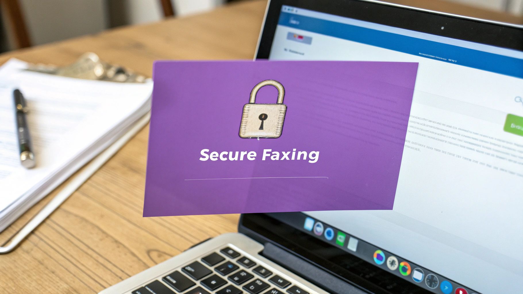 A laptop on a wooden desk displays a graphic with a padlock icon and 'Secure Faxing' text.