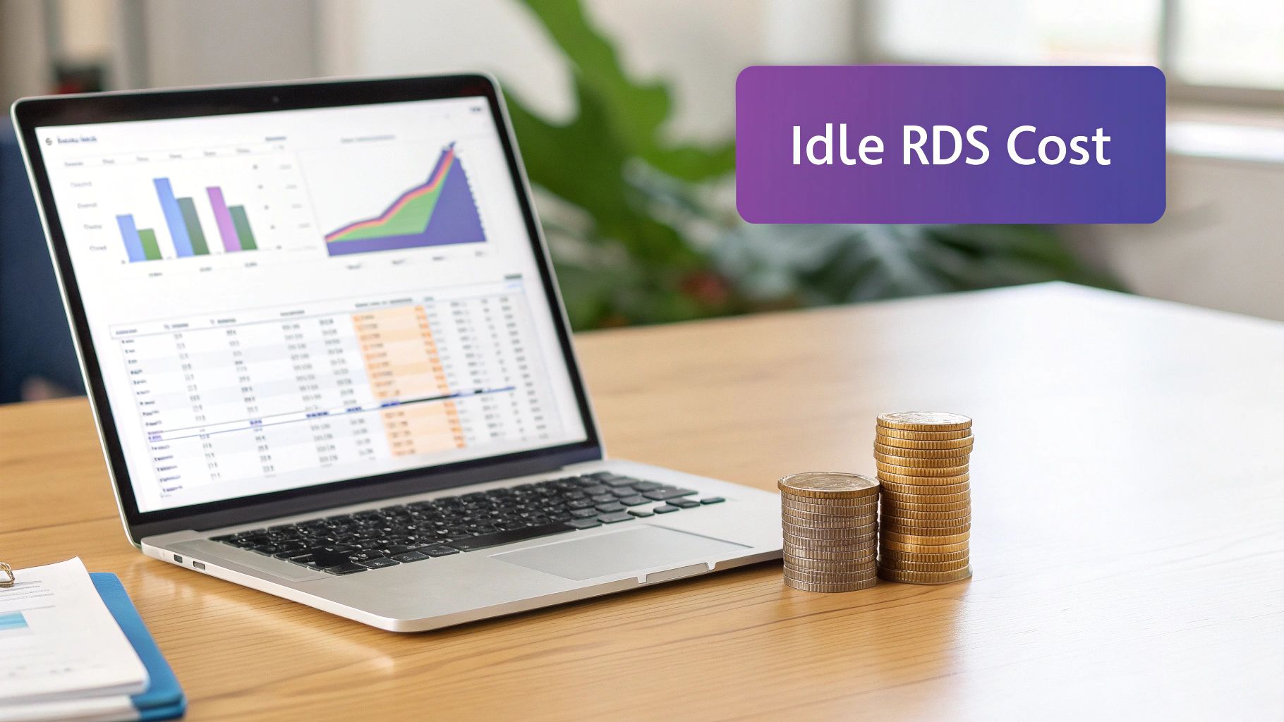 Laptop displaying financial charts and data next to stacked coins, with 'Idle RDS Cost' banner.