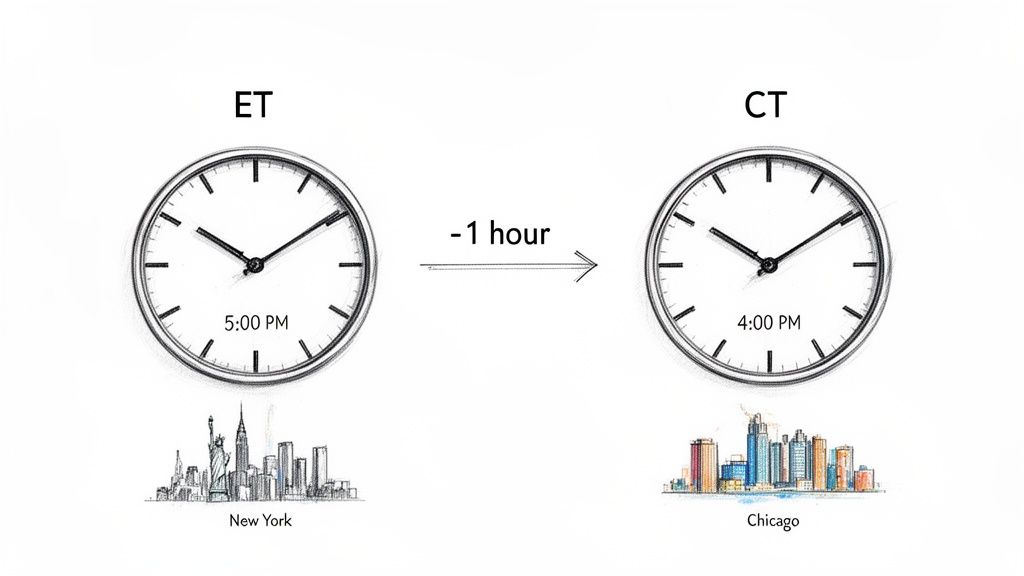 Illustration showing 5 PM Eastern Time in New York compared to 4 PM Central Time in Chicago, a ></p>
<p>The fundamental rule never changes: to convert from <strong>Eastern Time to Central Time, you subtract one hour</strong>. Conversely, to convert from Central Time to Eastern Time, you add one hour. This consistency holds true even during Daylight Saving Time, as most areas in both zones observe the shift simultaneously. For DevOps and FinOps teams, this isn't just a scheduling footnote—it's a financial imperative. A script scheduled to start at <strong>9 PM ET</strong> will trigger at <strong>8 PM CT</strong>, potentially interrupting a developer's final tasks or shutting down a QA environment an hour too early. These seemingly small misalignments accumulate, leading to wasted cloud spend and operational headaches. The real challenge isn't the math; it's the human element and the systems that rely on it. Teams often depend on mental calculations or hard-coded UTC times in scripts, which inevitably leads to errors, especially when coordinating critical deployments. To dive deeper into how timestamps affect system logs and operations, check out our guide on the importance of accurate <a href=