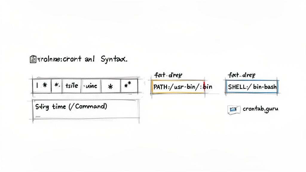 A diagram illustrating crontab syntax with time fields, command, PATH, and SHELL variables, alongside crontab.guru.