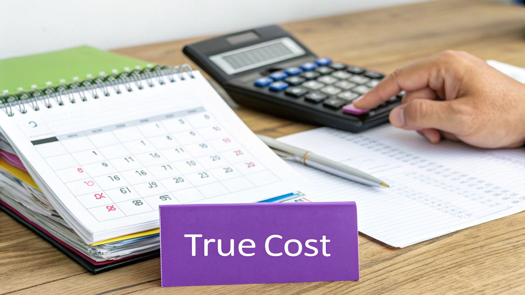 A person calculates costs with a calculator, calendar, and documents, next to a 'True Cost' sign.
