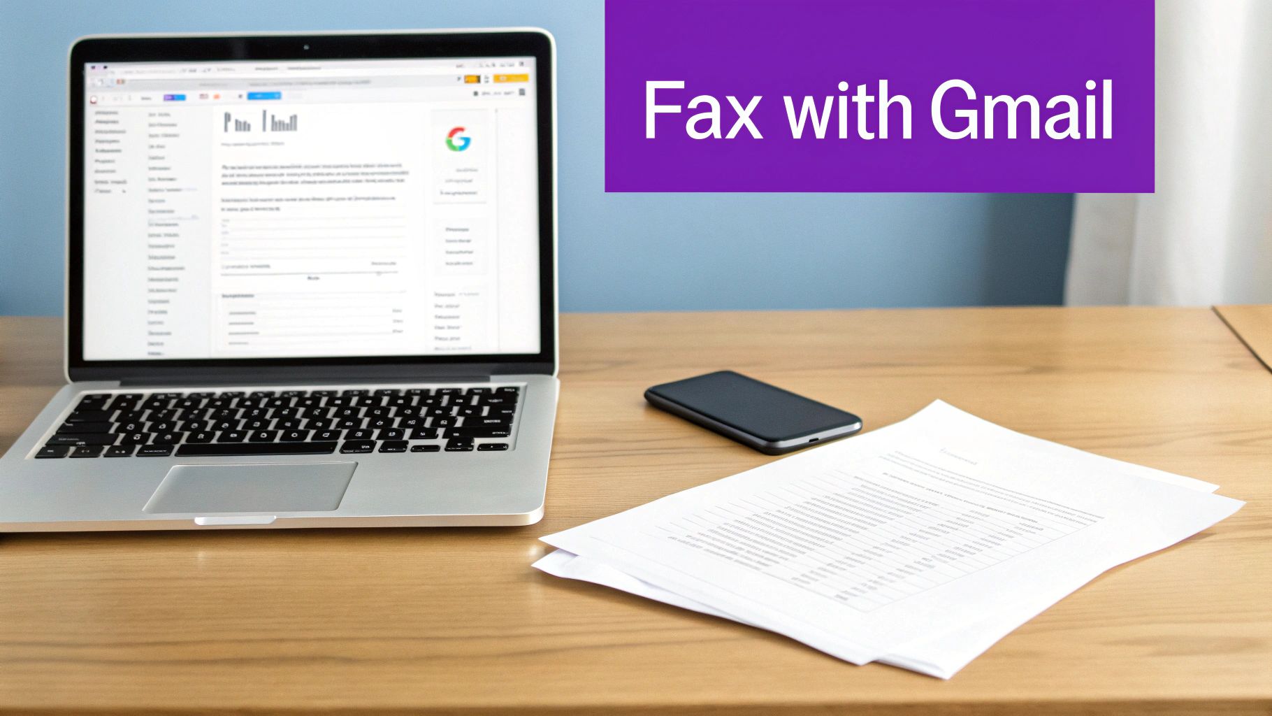 A person sending a document from a laptop, symbolizing the ease of sending a fax from Gmail.
