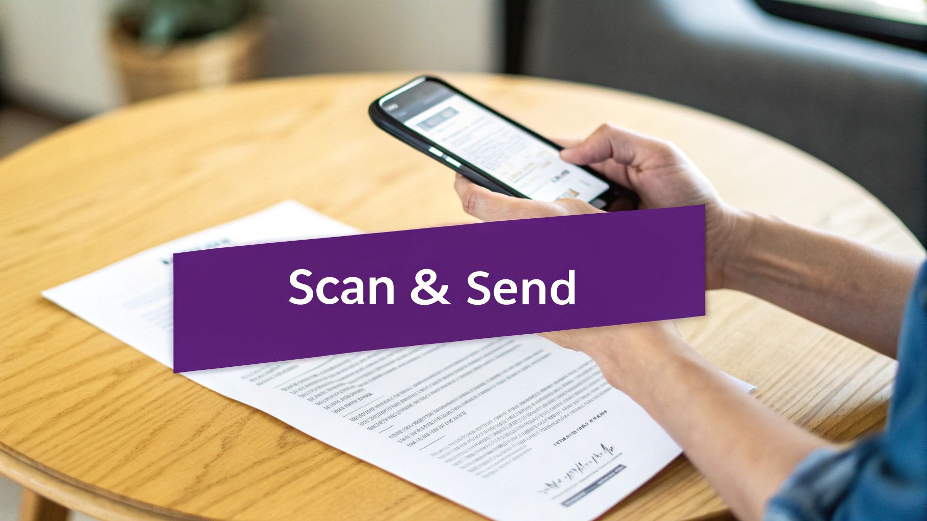 A person uses a smartphone to scan a document on a wooden table, with a 'Scan & Send' banner.