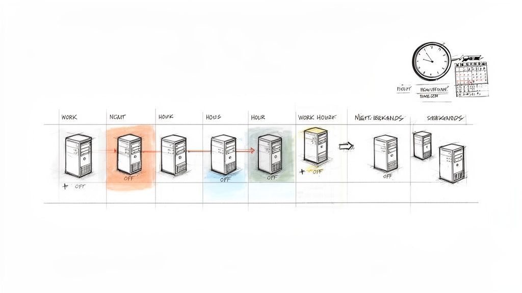 A diagram illustrating the scheduled power states of computer servers throughout work hours, night, and weekends for cost optimization.