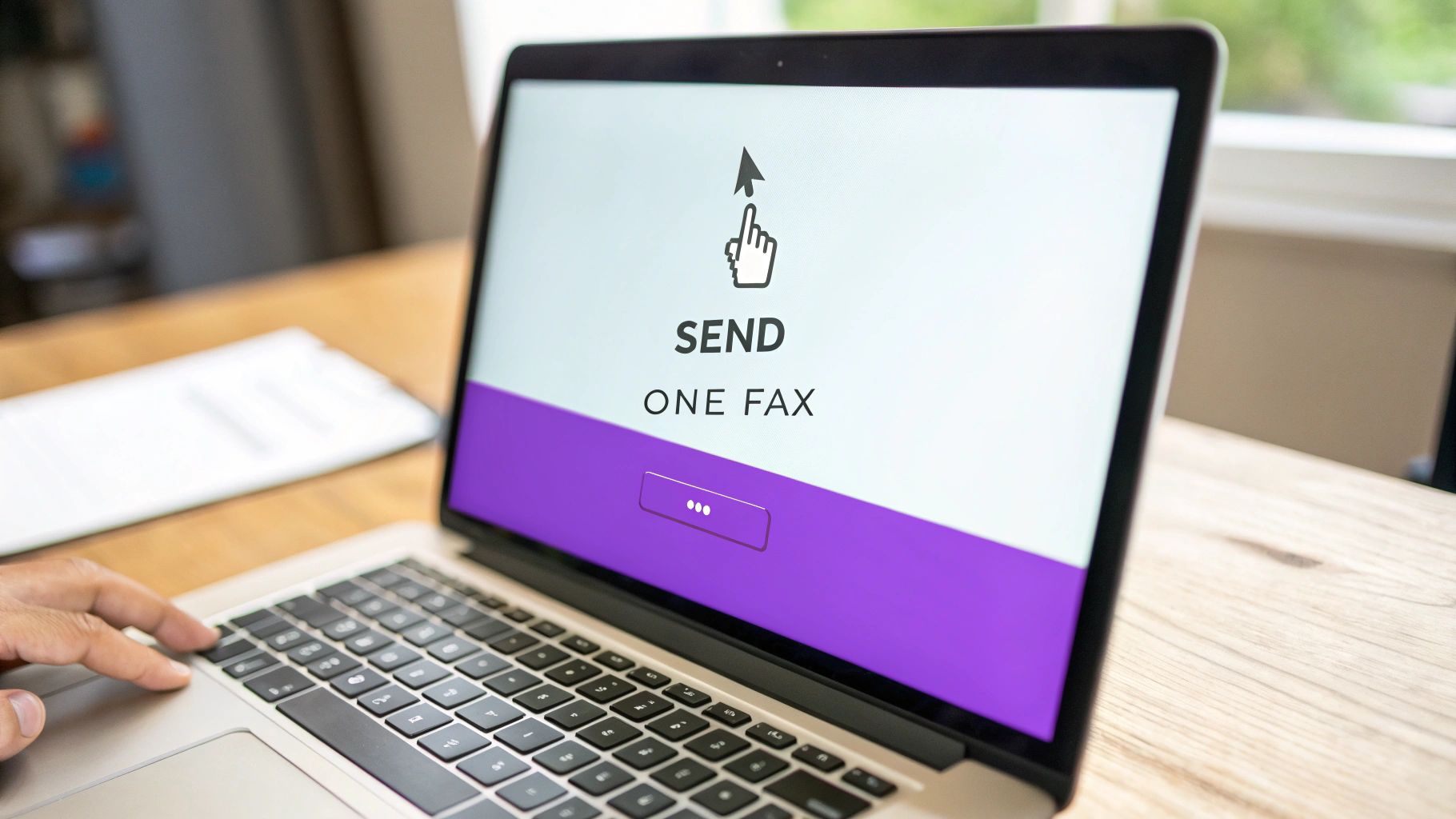 A hand types on a laptop keyboard, displaying 'SEND ONE FAX' for online service.