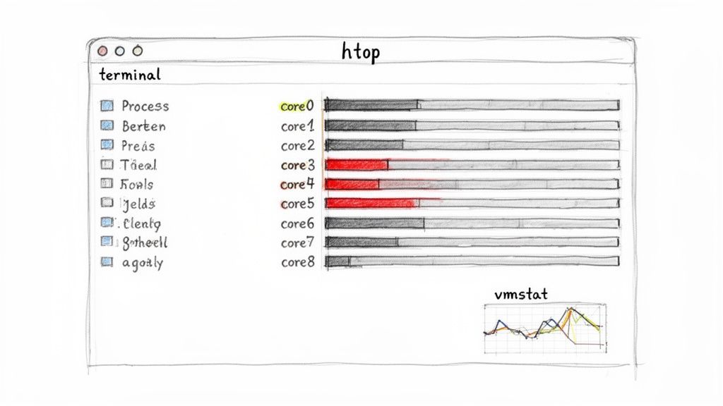 A hand-drawn sketch of an htop terminal displaying CPU core utilization and a vmstat graph.