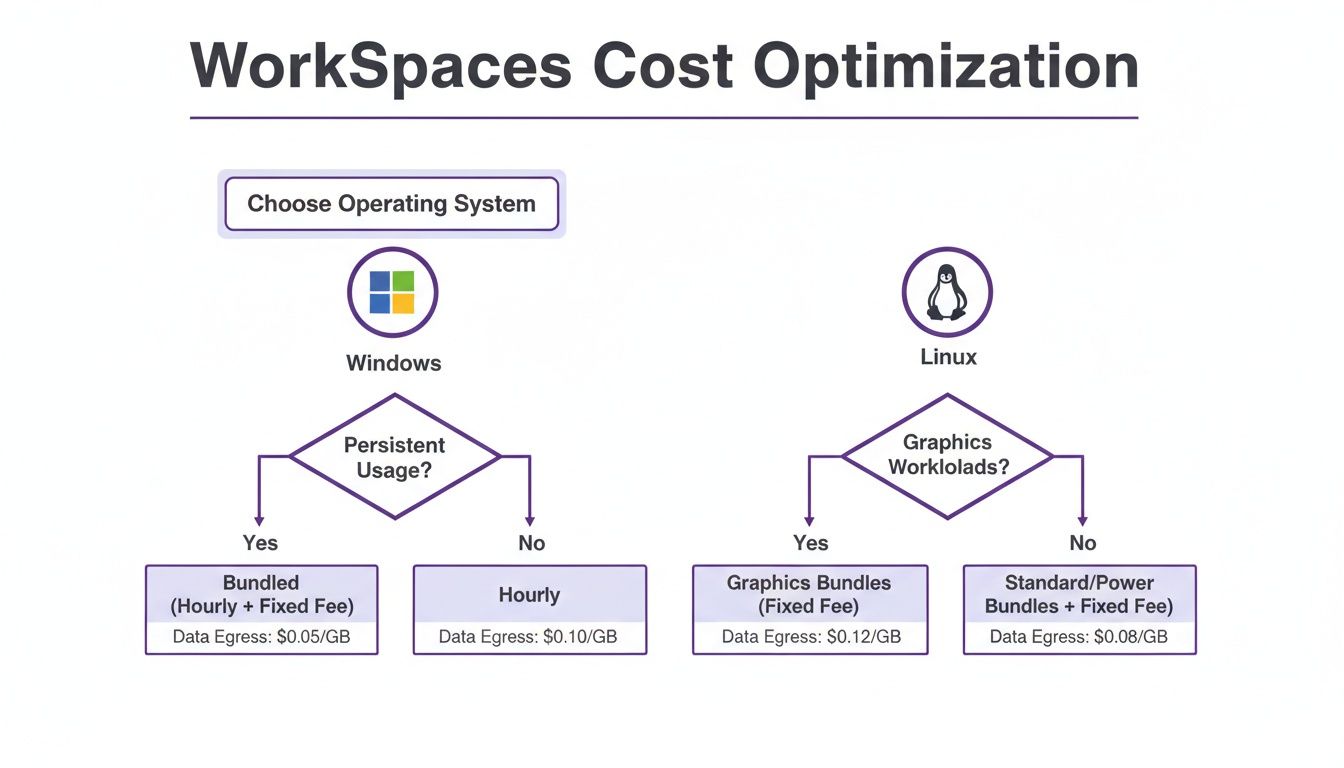 Flowchart detailing Amazon WorkSpaces cost optimization for Windows and Linux, showing pricing based ></p>
<p>The AlwaysOn model is exactly what it sounds like—you pay a fixed fee every month, and the WorkSpace is ready to go <strong>24/7</strong>. This is the perfect fit for your full-time employees clocking in for a standard 40-hour workweek, as it makes budgeting a breeze. The catch? You pay for the whole month, whether the WorkSpace is used or not. In contrast, the AutoStop model takes a pay-for-what-you-use approach. You’re charged a small monthly base fee, plus an hourly rate that only kicks in while the WorkSpace is actually running. When a user logs off, the billing clock stops. This is the clear winner for part-time employees, contractors, or disaster recovery plans. To truly get the most out of the AutoStop model, you need automation to ensure resources aren't left running. We cover this concept in detail in our guide on how to <a href=