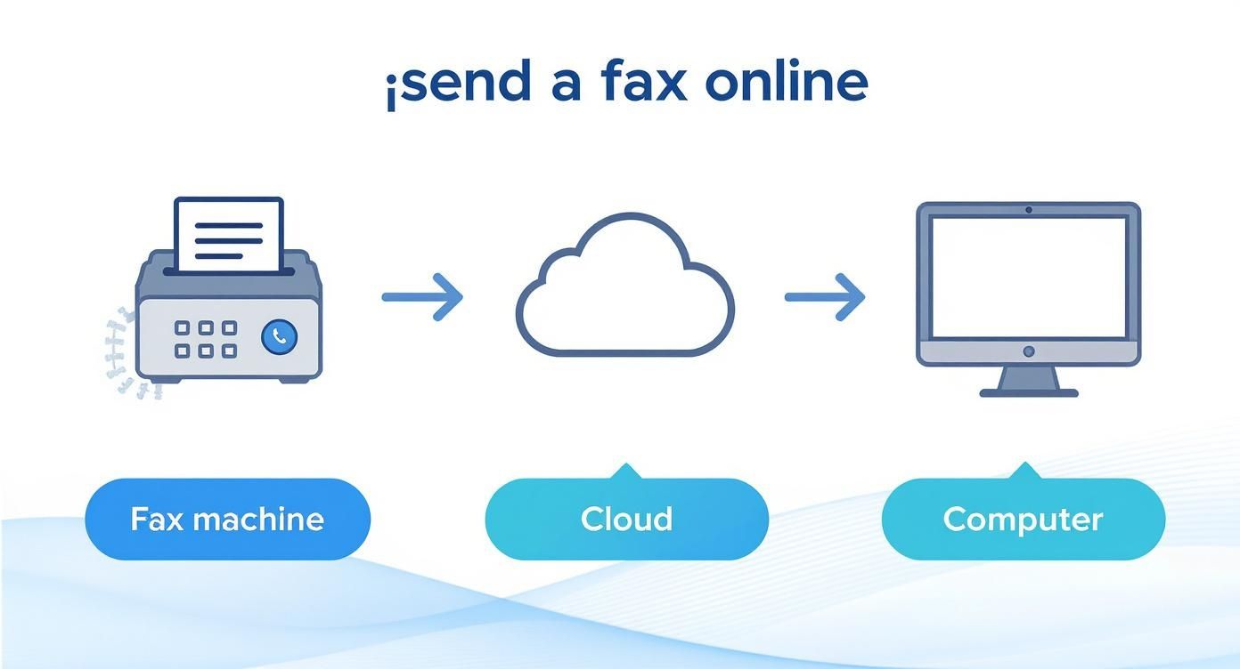 Online fax service workflow diagram showing fax machine sending document through cloud to computer