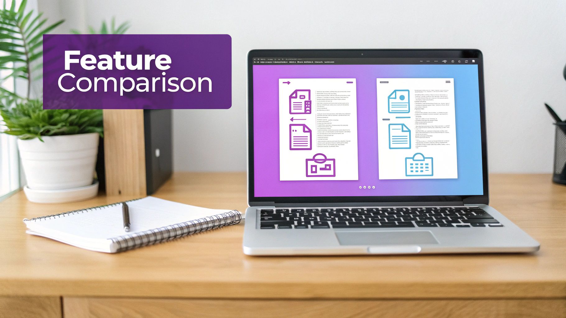 A laptop on a wooden desk displays a feature comparison of two documents, with a notebook and plant nearby.