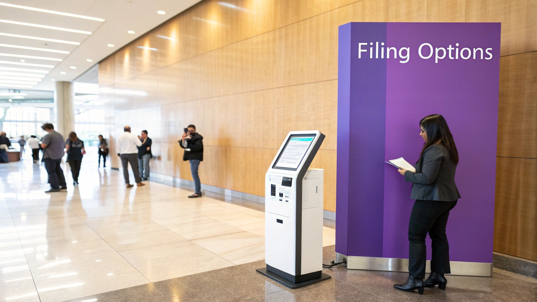 A woman reviews documents by a 'Filing Options' sign and a self-service kiosk in a modern building.