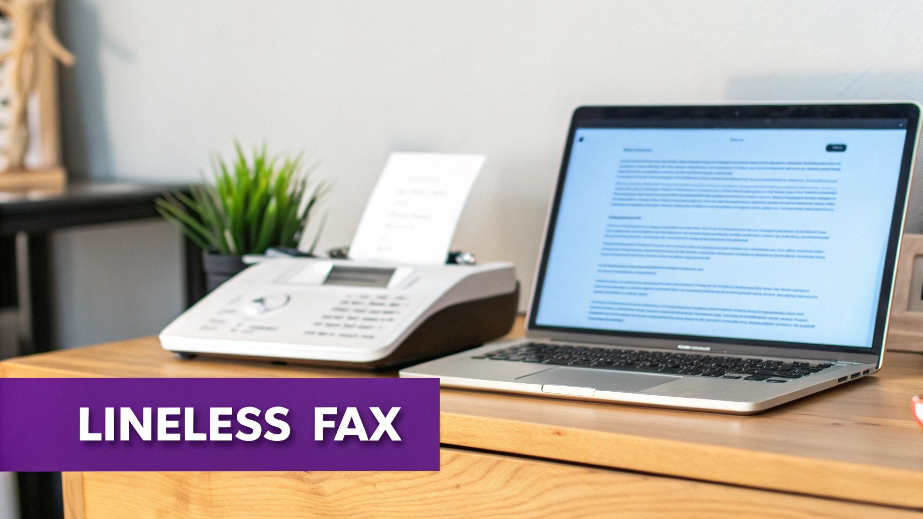 A modern desk setup featuring a white fax machine and an open laptop with text on screen.