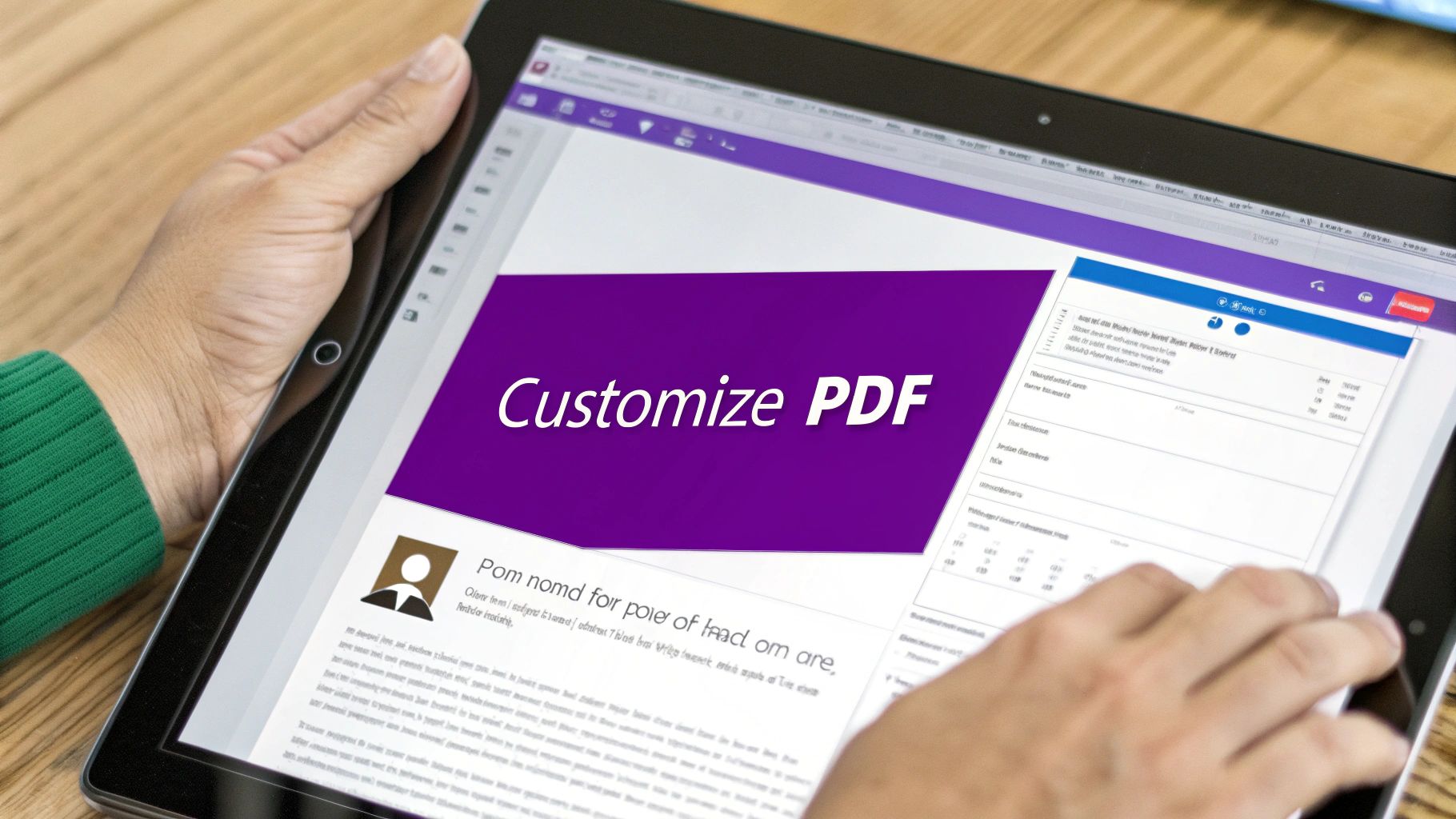 A person holds a tablet displaying a document with a purple banner stating 'Customize PDF' and text.