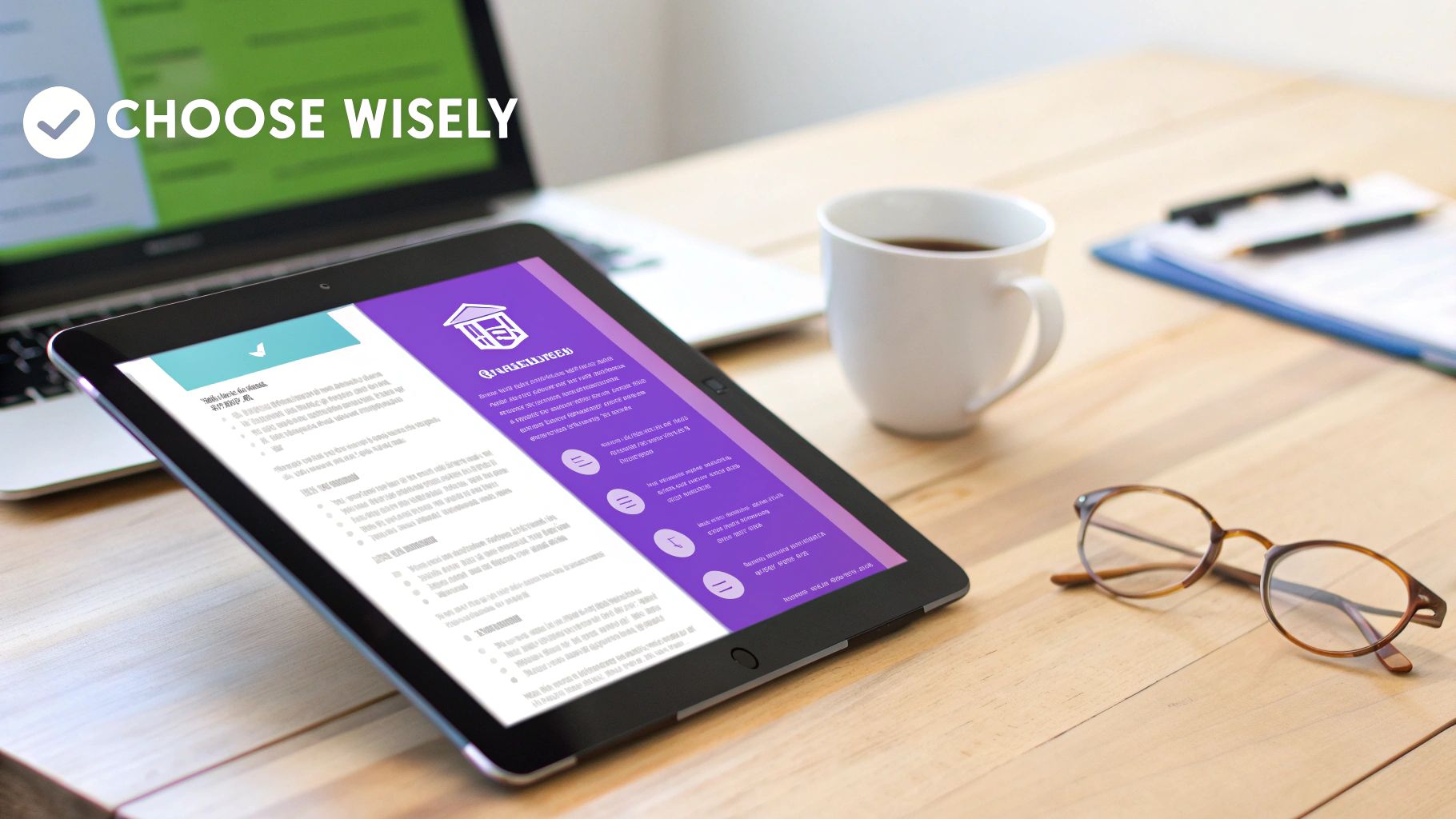 Tablet displaying digital document with purple sidebar on wooden desk with coffee and glasses