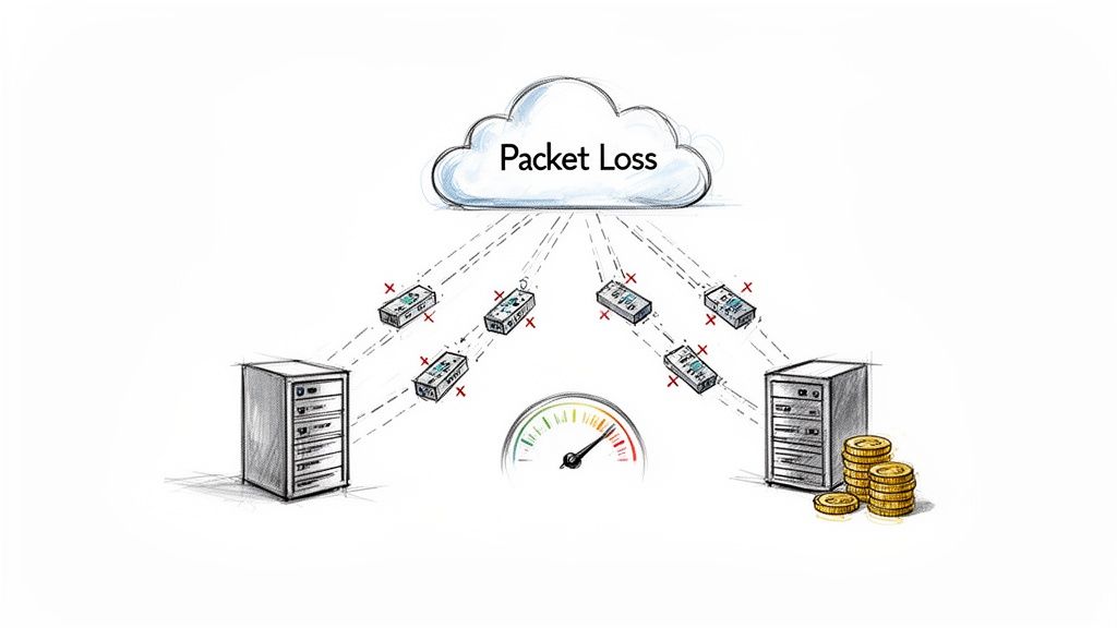 An illustration showing packet loss from a cloud affecting data transmission to servers, impacting performance and costs.