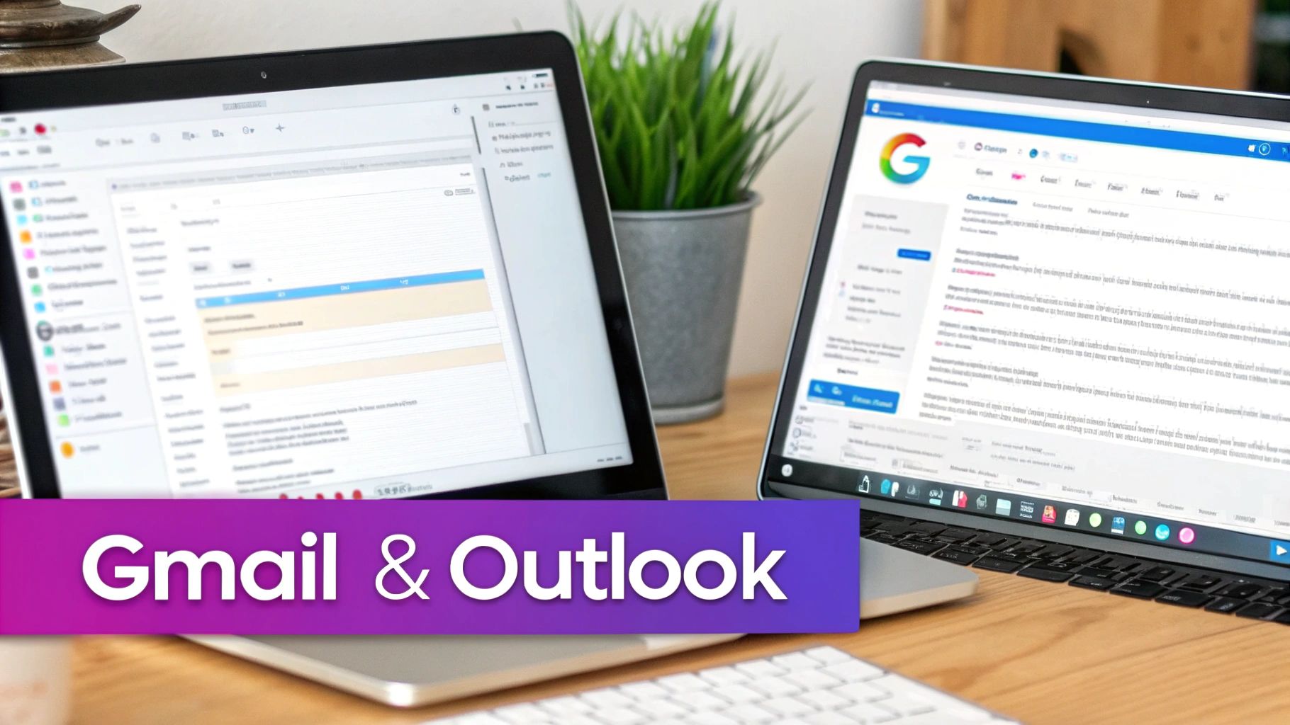 Two laptops on a wooden desk, one displaying an email client and the other Google search, with 'Gmail & Outlook' text.