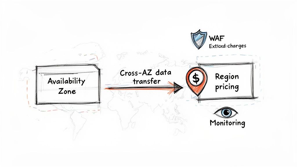 Diagram showing cross-AZ data transfer from an Availability Zone to a Region with pricing considerations.
