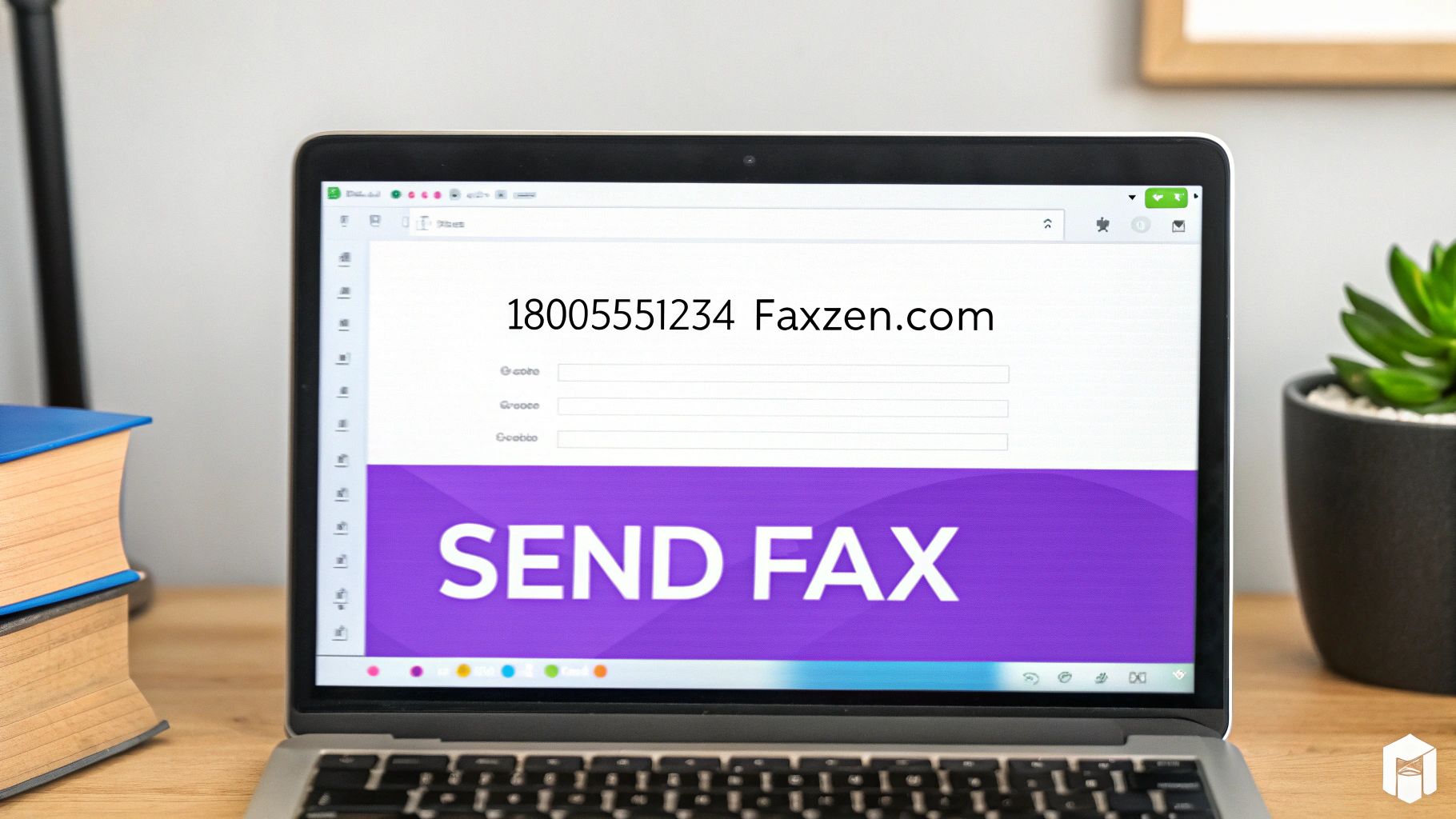 Laptop screen displaying Faxzen online fax service with phone number and send fax button