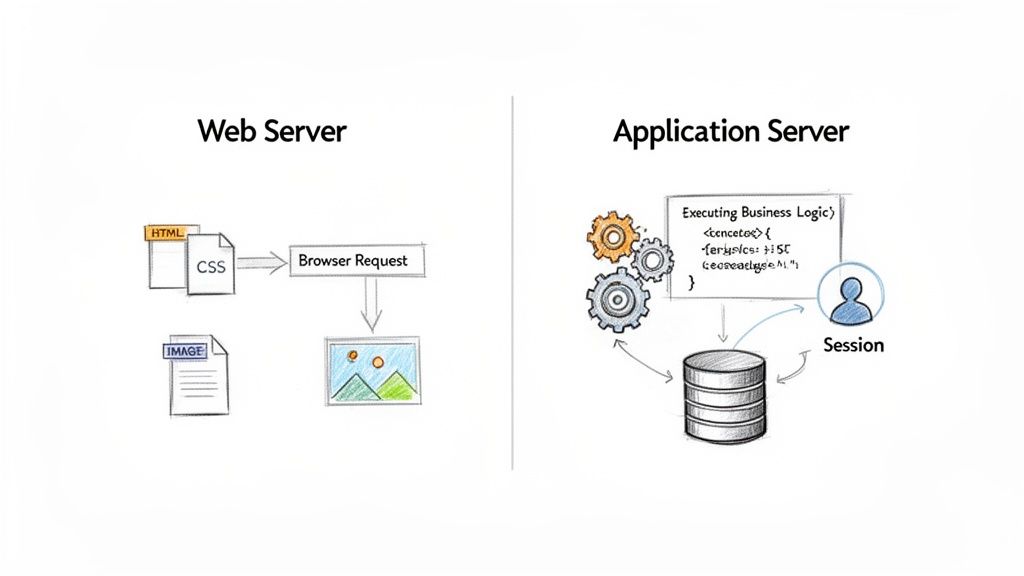 Diagram comparing Web Server functionality for static content versus Application Server for dynamic business logic.