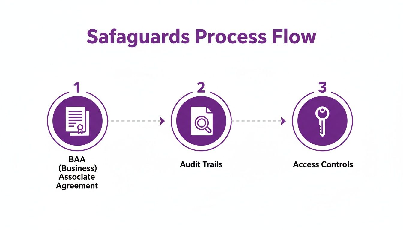 A flowchart illustrating the safeguards process steps: BAA, Audit Trails, and Access Controls.