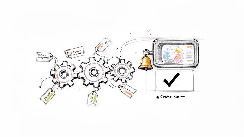 Sketch of three gears with labeled price tags connected to a dashboard showing data, bell icon, and a checkmark, representing optimization.