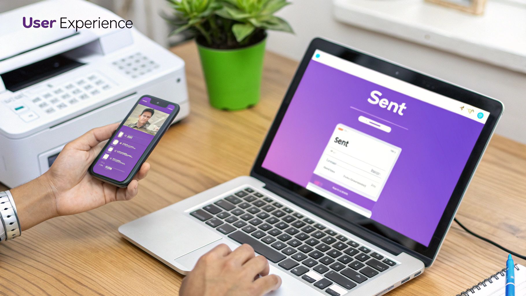 Hands holding a smartphone showing an app, next to a laptop displaying 'Sent' email interface.