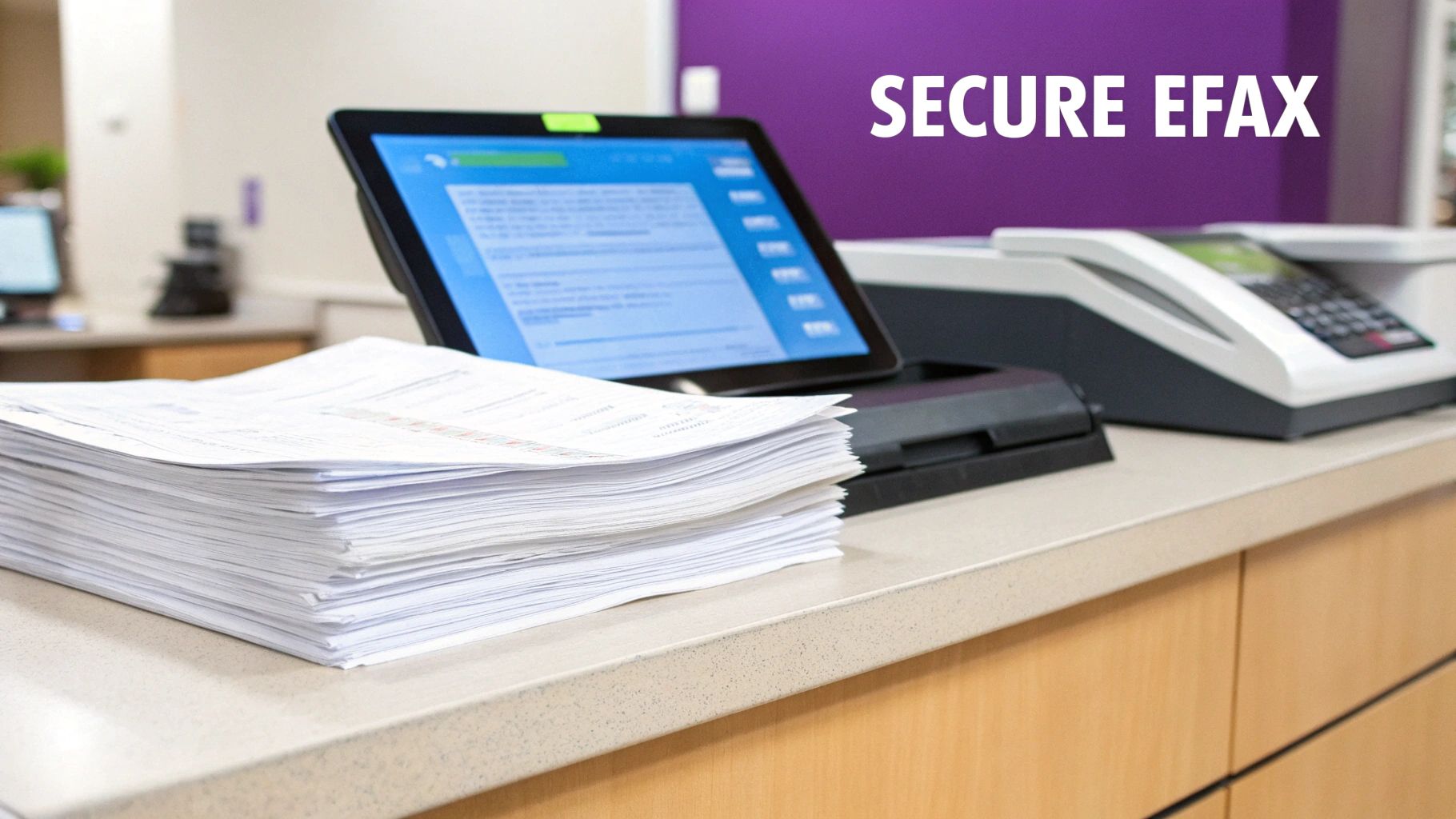 Secure eFax setup with paper documents, a tablet displaying content, and a professional office machine.