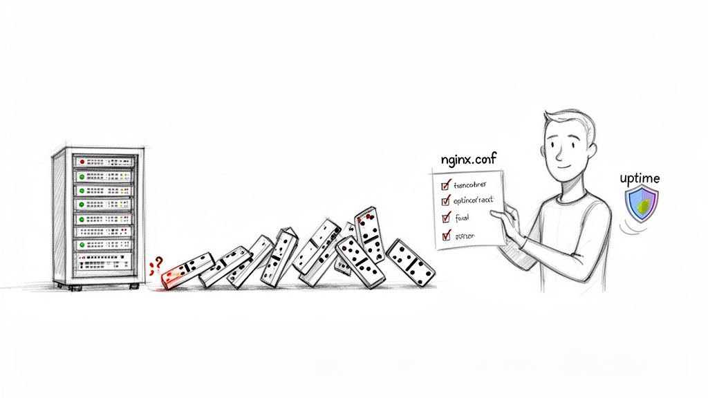 A server rack and falling dominoes, with a person checking an nginx.conf file for system uptime.