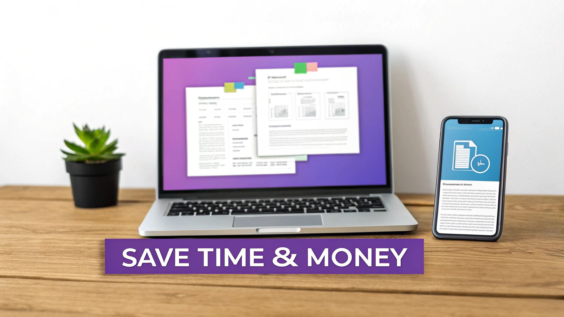 Laptop and smartphone on a desk with digital documents, highlighting efficiency and cost savings.