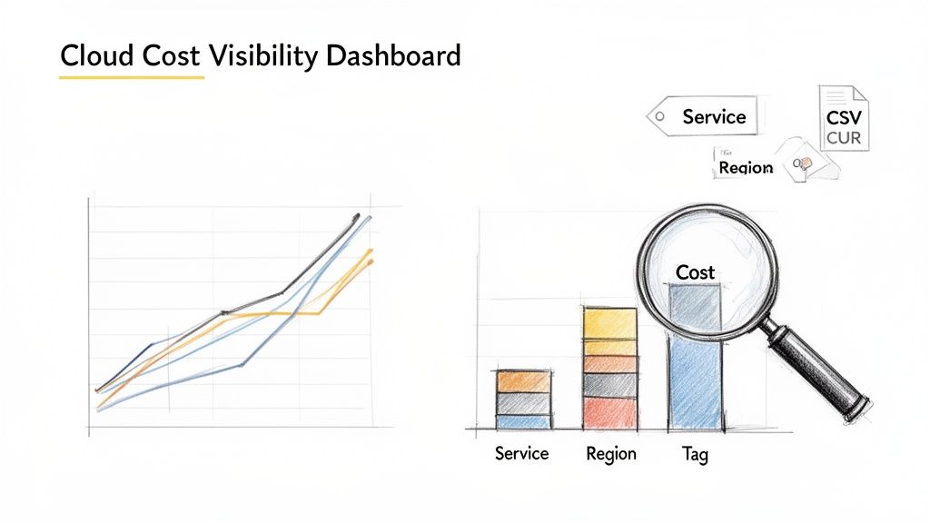 Cloud cost visibility dashboard displaying trends and detailed breakdowns by service, region, and tags.