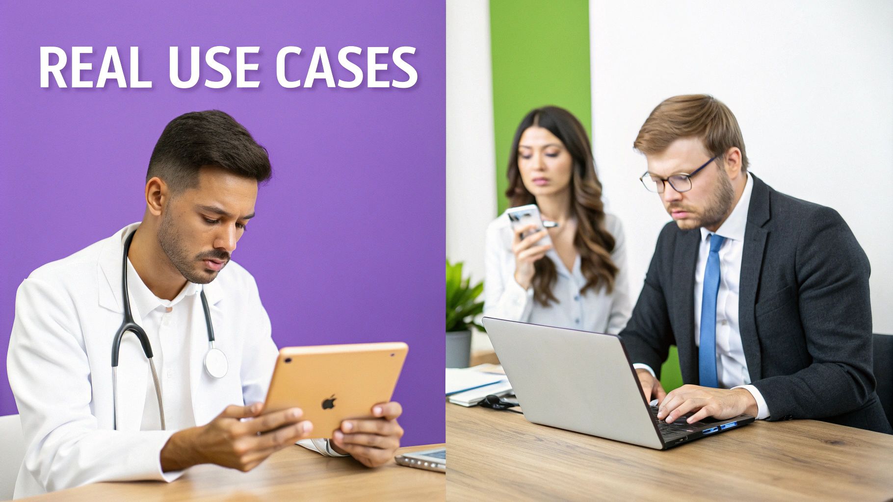 A doctor uses a tablet while a businessman and colleague work on a laptop and phone, showcasing real use cases.