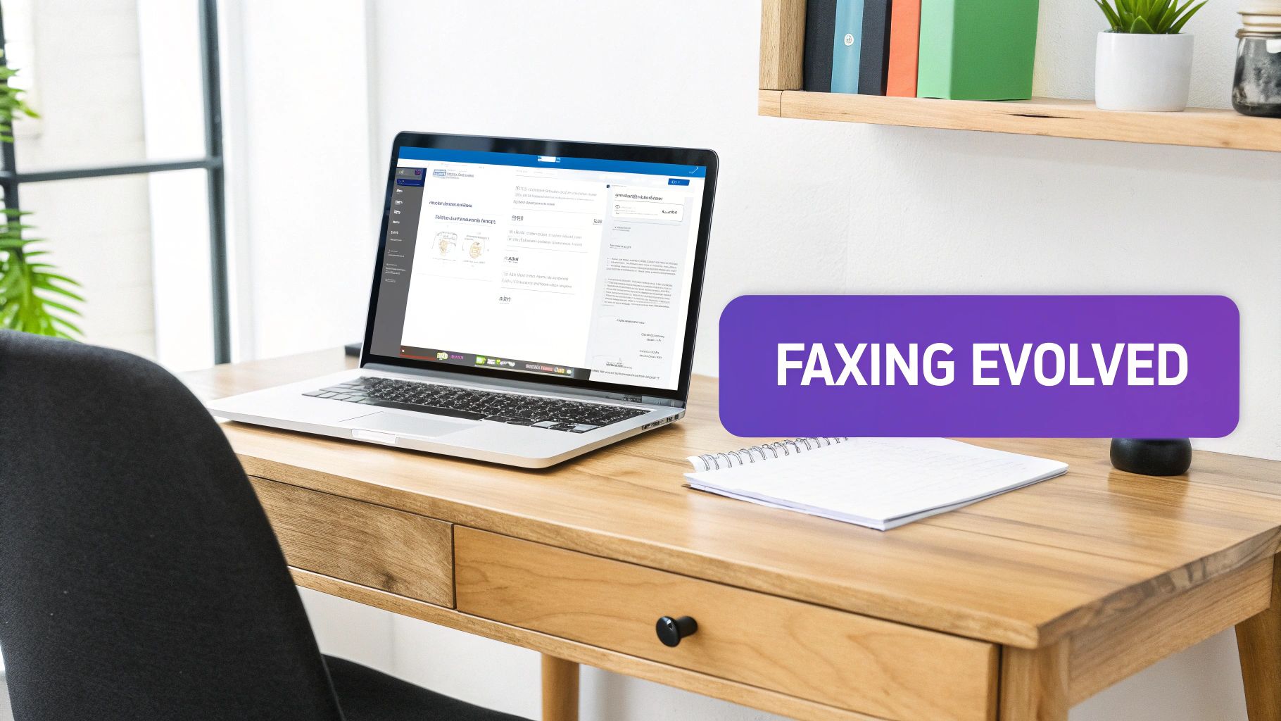 A modern desk with a laptop showing a web application and a 'FAXING EVOLVED' banner.